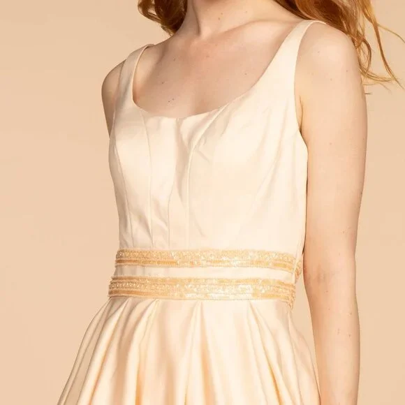 NEW LONG SLEEVELESS A-LINE SATIN DRESS WITH SCOOP NECKLINE AND SHEER BACK GL2531 - Picture 4 of 10